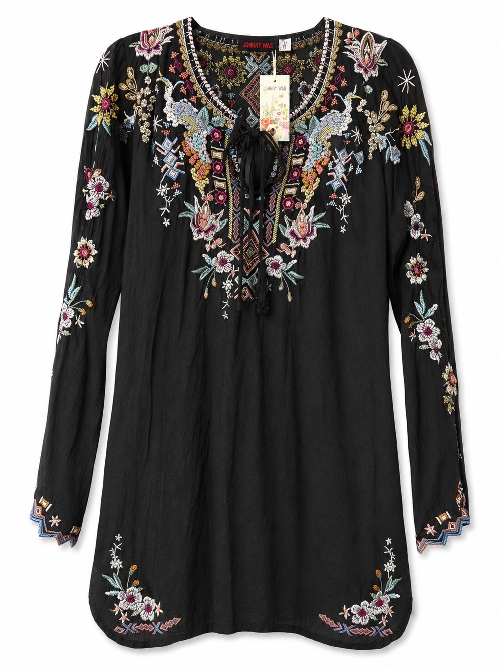 Johnny Was Sunflower Blouse Black Embroidered Tunic Top Size L NWT Boho Floral
